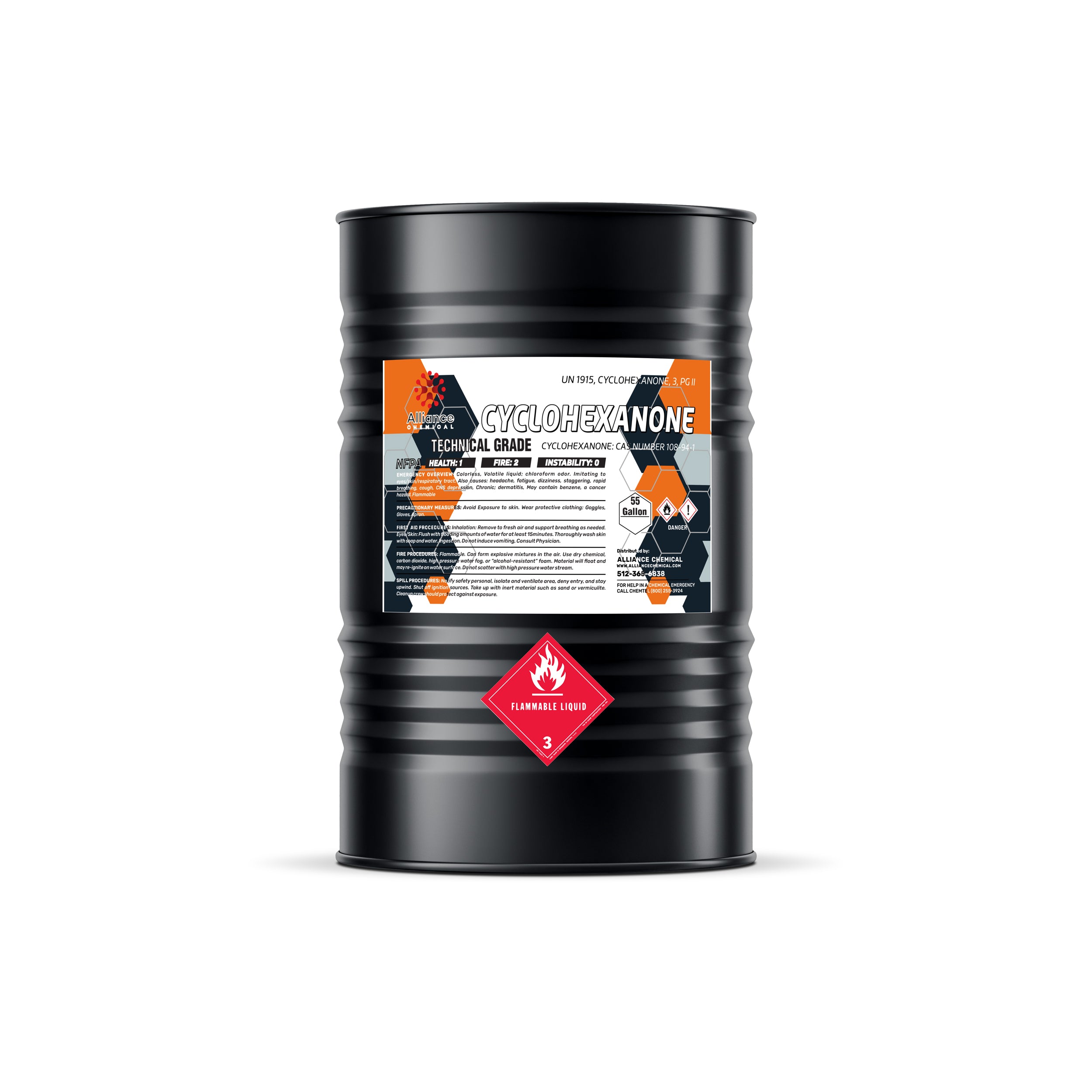 55-gallon black drum of technical-grade Cyclohexanone with flammable liquid Class 3 hazard diamond, orange-black warning label, UN 1915 specification.